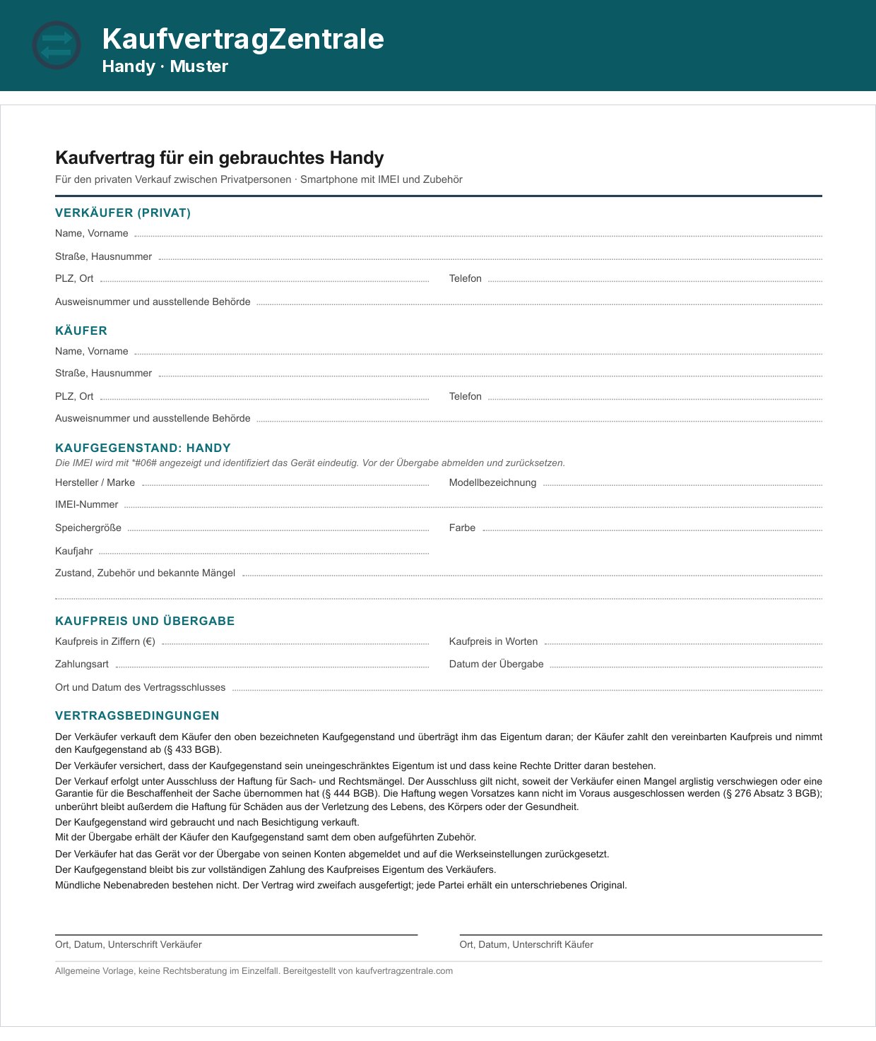 Kaufvertrag Handy: Musterseite der Vorlage zum Ausfüllen