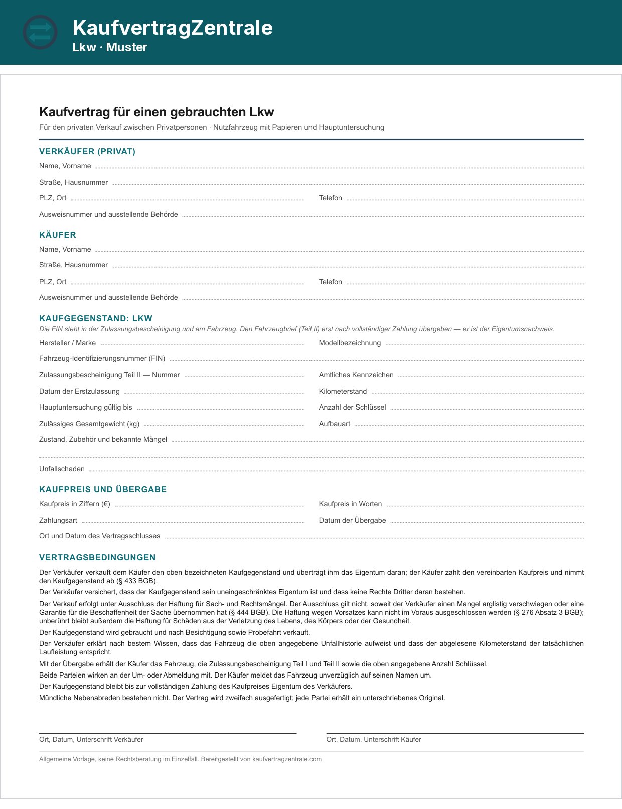 Kaufvertrag Lkw: Musterseite der Vorlage zum Ausfüllen