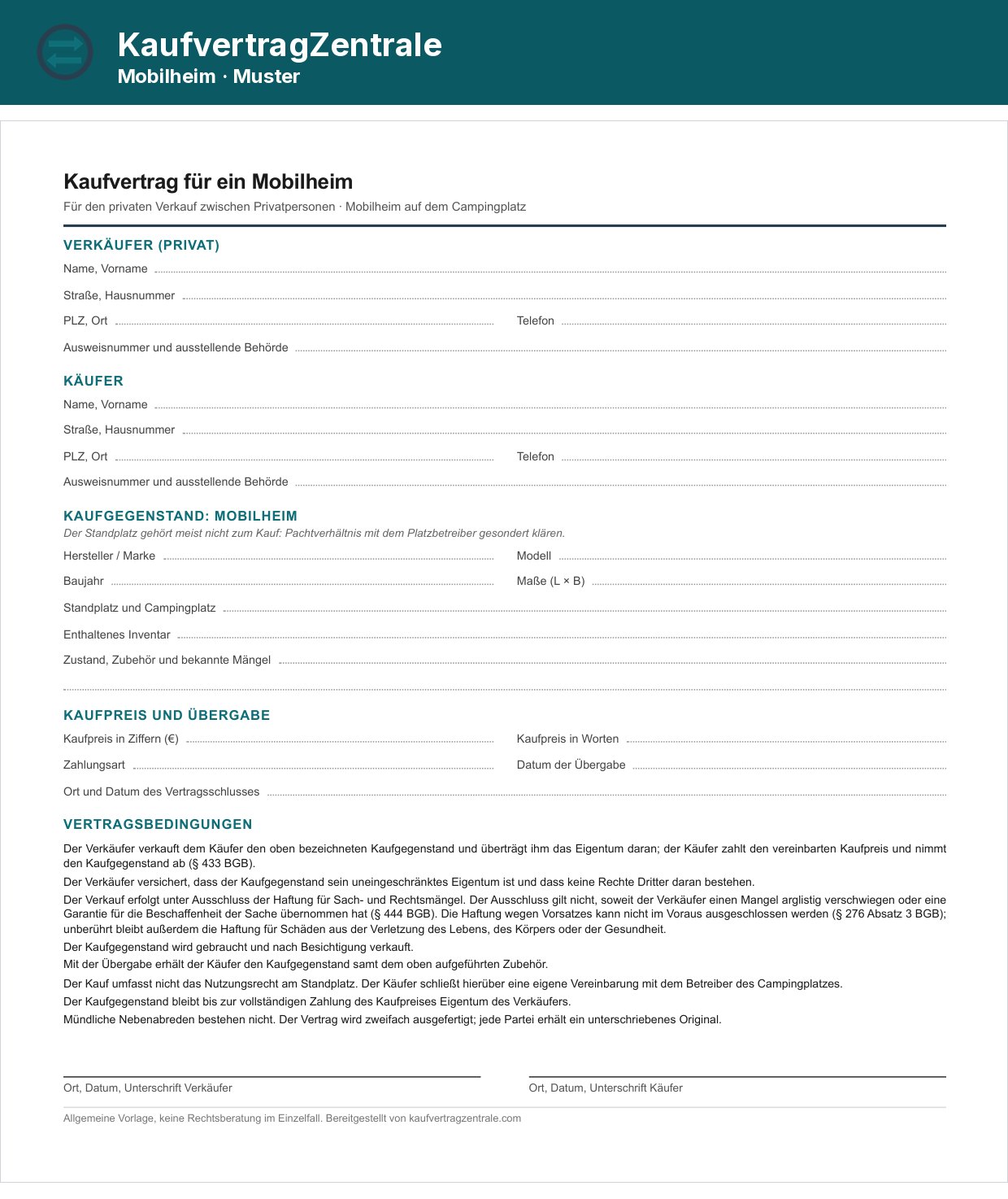 Kaufvertrag Mobilheim: Musterseite der Vorlage zum Ausfüllen