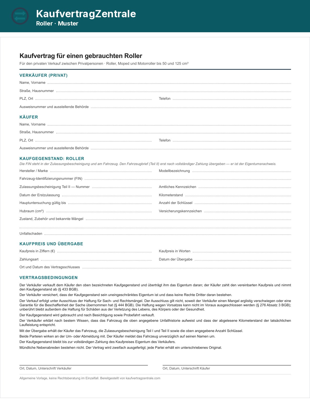 Kaufvertrag Roller: Musterseite der Vorlage zum Ausfüllen